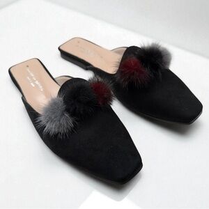 New! Patricia Green Cerise Genuine Mink Pom Poms Mules Size 6